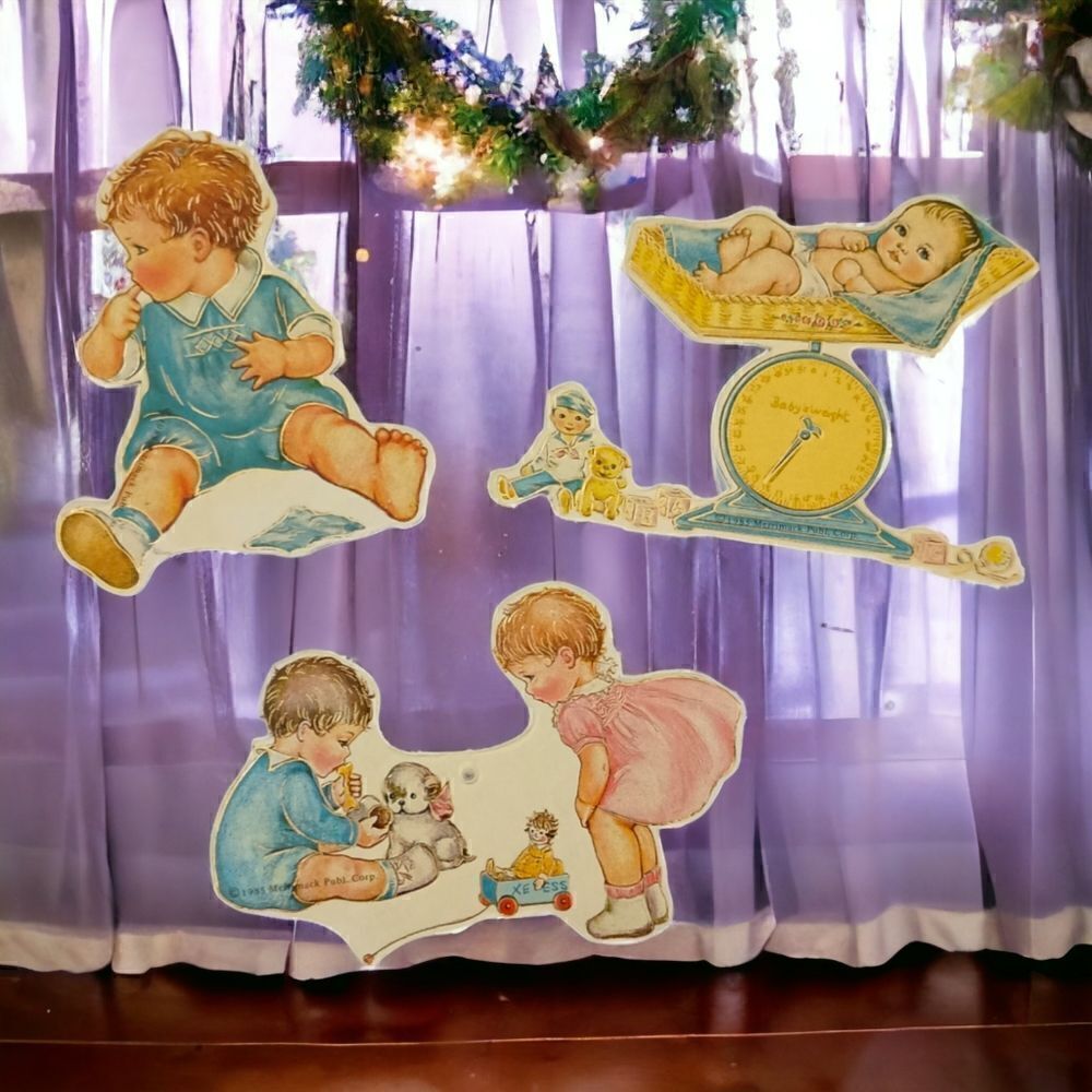 Vtg Merrimack‎ Child Baby Ornament Lot Gift Tags Shower Decor Gold Trim Die Cut.